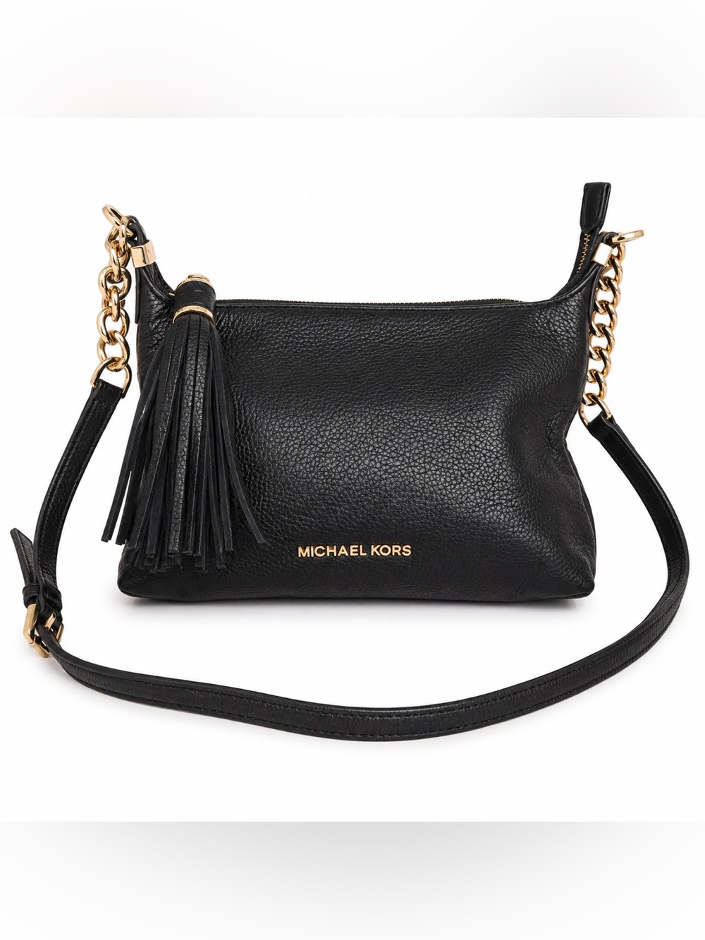 Michael Kors Black Pebbled Leather Tassel Crossbody Bag Gold Hardware